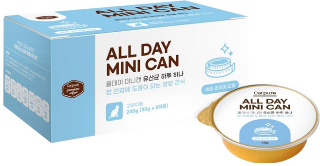 캣퓨어 고양이 올데이 유산균 미니 장건강 체중관리 도움 기능성 습식 간식캔, 8개, 30g, 치킨