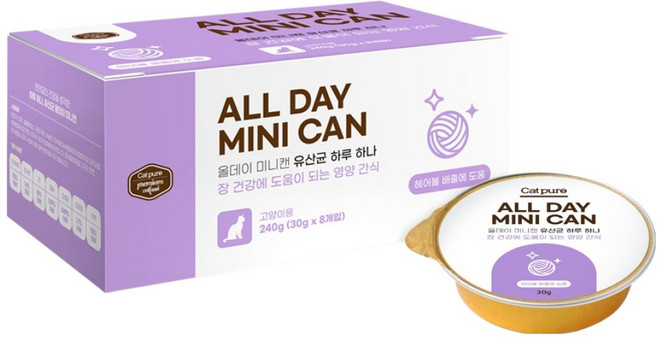 캣퓨어 고양이 올데이 유산균 미니 장건강 헤어볼배출 도움 기능성 습식 간식캔, 8개, 30g, 혼합맛(치킨/참치)