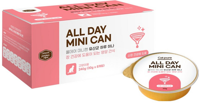 캣퓨어 고양이 올데이 유산균 미니 장건강 신장관리 도움 기능성 습식 간식캔, 8개, 30g, 혼합맛(치킨/연어)