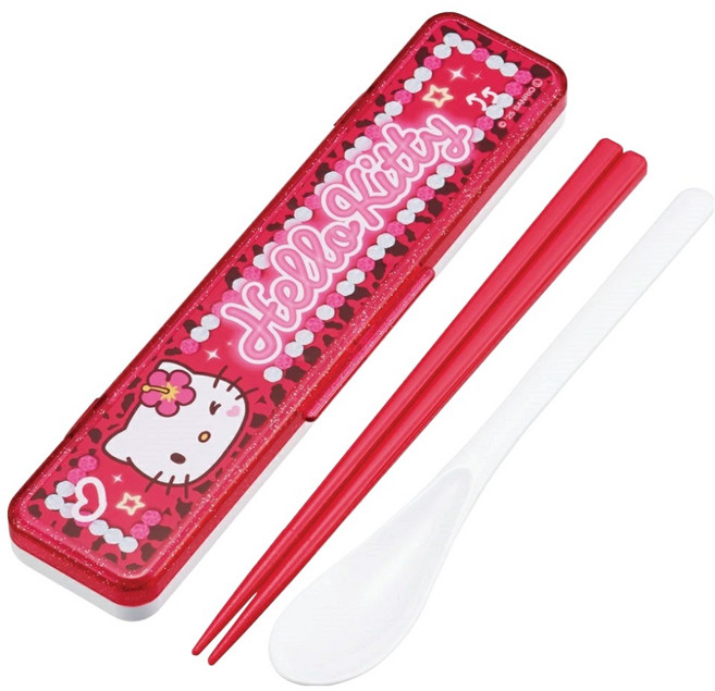 스케이터 스푼 + 젓가락 18cm + 케이스 세트 CCS3SA, 헬로키티 체리핑크, 1세트, 스푼 + 젓가락 + 케이스