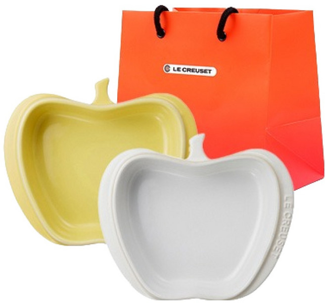 LE CREUSET 迷你蘋果盤 2件組, 含羞草黃, 棉花白, 1個, 盤子 2件, 購物袋 S
