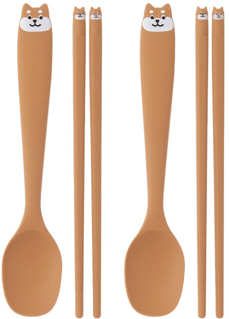 이와이엔스토리 코코 실리콘 수저 세트, 브라운, 2세트, 숟가락 + 젓가락