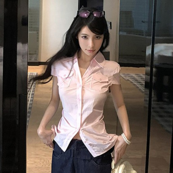 피어니스트 여성용 더블 포켓 카라넥 슬림 반팔 셔츠