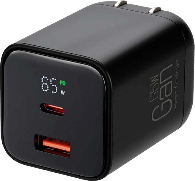 CYKE 65W GaN氮化鎵 雙孔數顯PD快充充電器 Type-C + USB雙口豆腐頭 K59, 黑色, 1個
