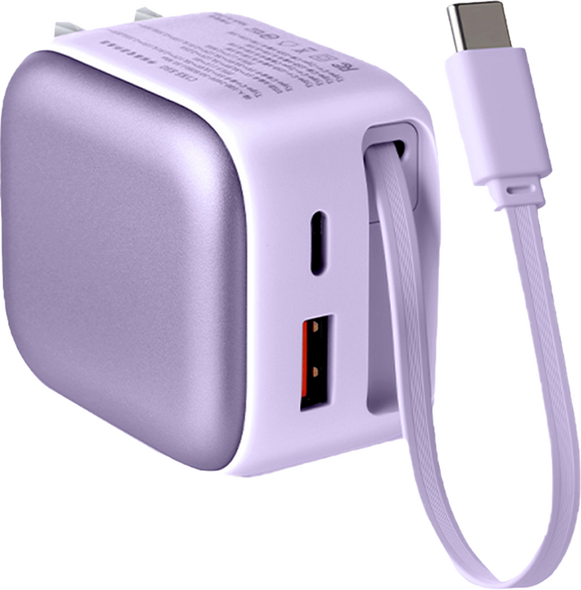 CYKE K60 35W Dual Port Built-in Type-C Cable GaN 充電器 Fast Charging Foldable 70cm Cable 紫色
