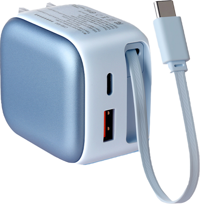 CYKE K60 35W Dual Port Built-in Type-C Cable GaN 充電器 Fast Charging Foldable 70cm Cable 8-fold Protection 藍色