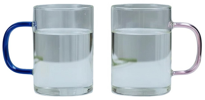 오템 내열 유리 손잔이 포인트 머그컵 300ml 2P, 블루, 핑크, 1세트