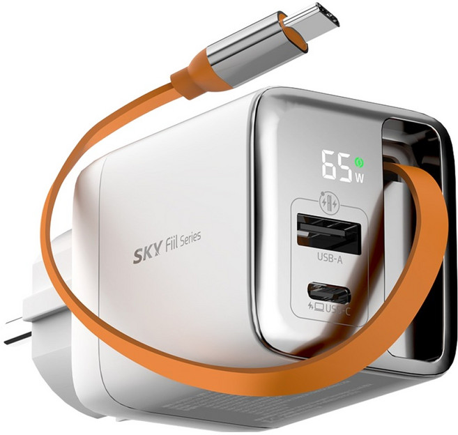 SKY 필 GaN 빌트인 케이블 일체형 디스플레이 접지형 초고속 충전기 65W SKY-GaN65DC, 화이트, 1개