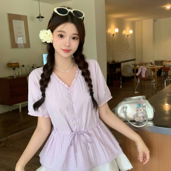 피어니스트 브이넥 프릴레이스 반팔 단추 블라우스