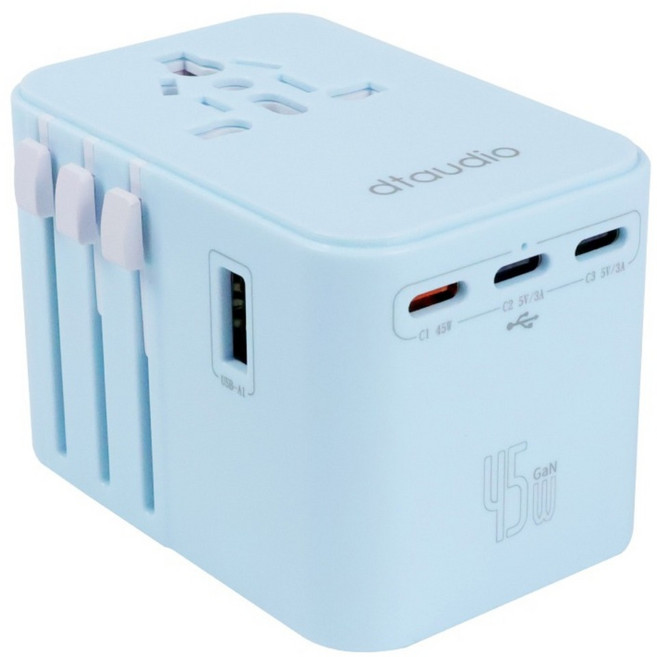 DTAudio 45W 4 Ports 萬國 旅行充電器 PD Fast Charging GaN 2500W Dual Fuse 藍色 GA-NPD45-BL