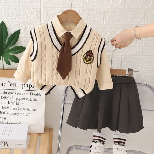 兒童Lulu麻花學院風背心 + 襯衫 + 短裙 + 領帶套裝