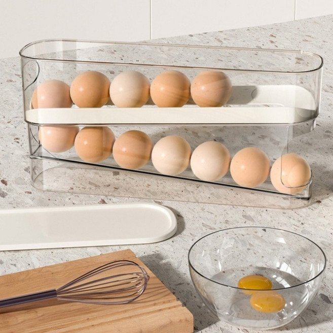 LIVINGHARU 滾動式雙層雞蛋託盤, 透明白色, 1個
