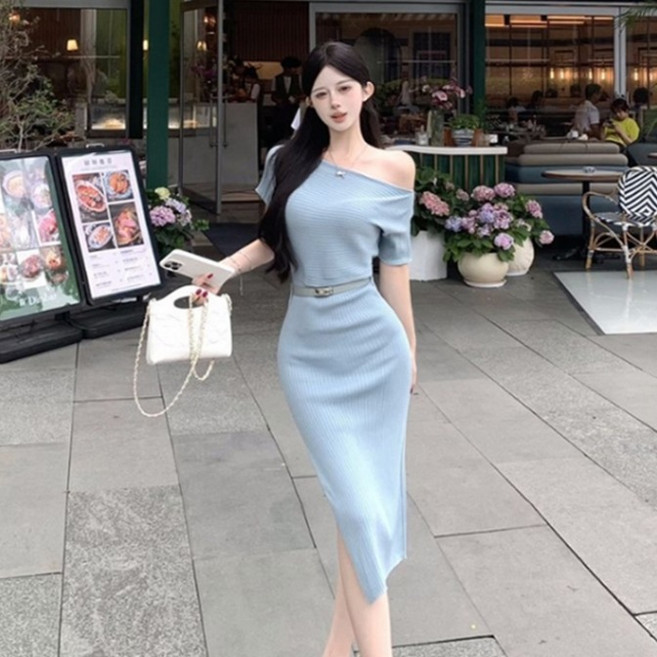 피어니스트 로열 원오프숄더 니트 반팔 롱 원피스