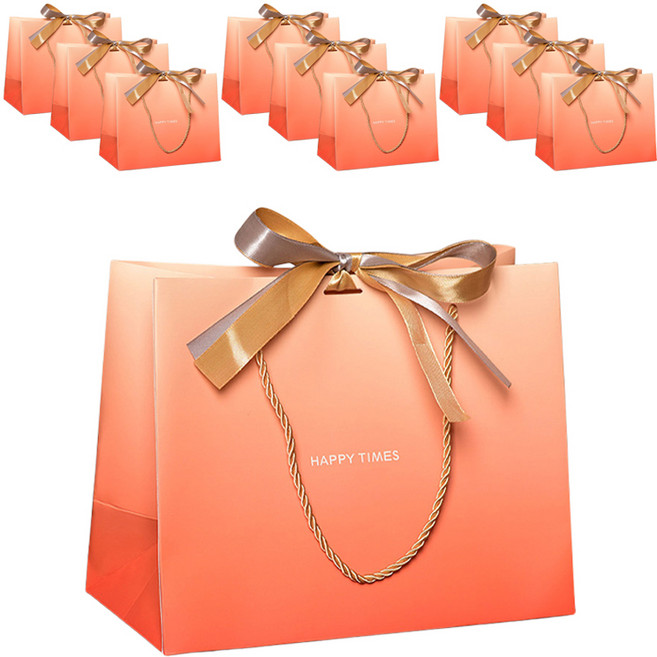 이홈베이킹 웨딩 답례품 선물 리본 종이 쇼핑백, 오렌지, 10개