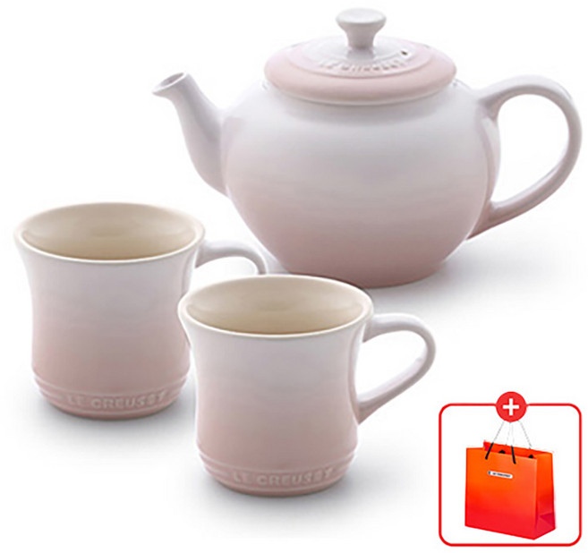 LE CREUSET 茶壺 馬克杯 2入 購物袋, 貝殼粉, 1個, 茶壺 SS, 購物袋 S