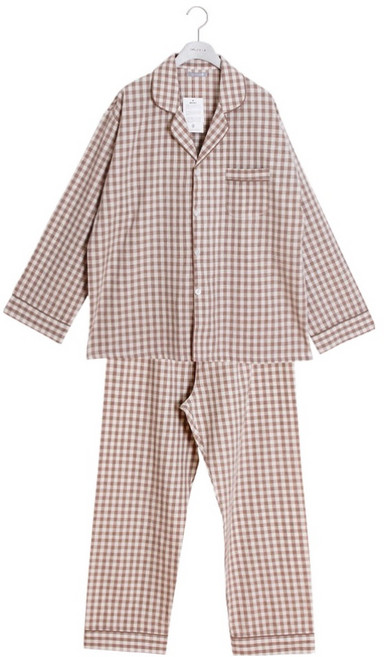 Lunaluz 男士經典格紋長袖翻領兩件式棉質睡衣