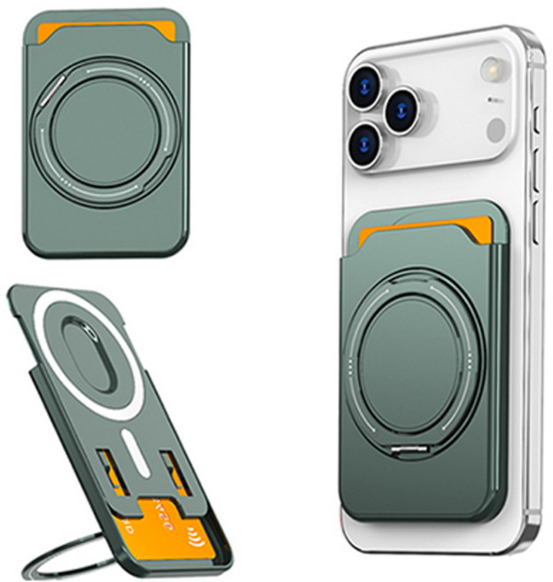 에이커 심플 맥세이프 카드지갑 360도 회전 링스탠드 거치대, 카키, 1개