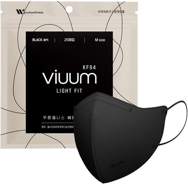 viuum 라이트 새부리형 마스크 중형 M KF94, 25개입, 1개, 블랙