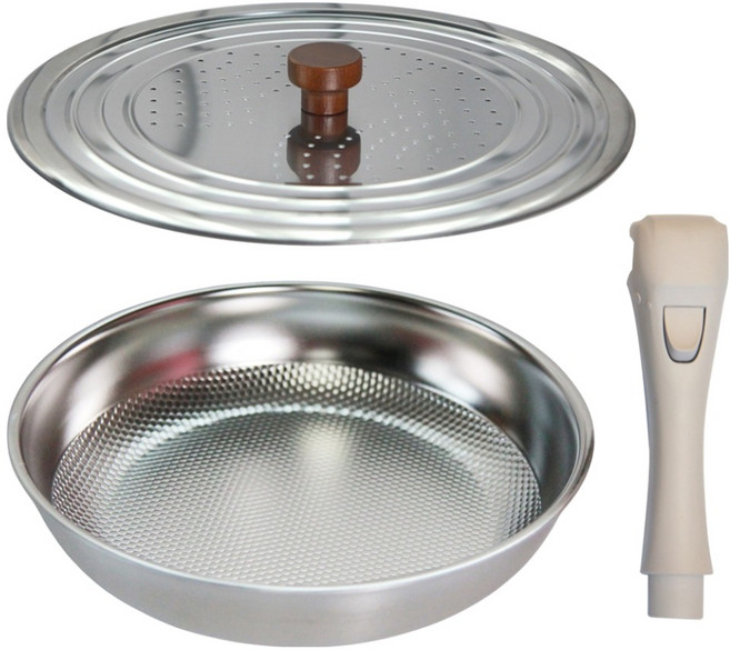 리빙글로리 국내산 심플리 무연마제 통5중 엠보 프리핸들 프라이팬 24cm + 우드핸들 커버 22~28cm + 프리핸들 세트, 1세트