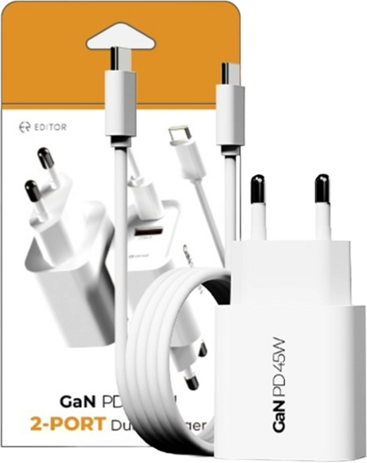 EDITOR PD 45w 초고속 c타입 usb타입 2포트 GaN 충전기 케이블 세트, 화이트, 1세트