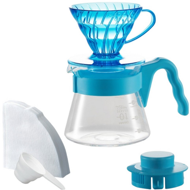 하리오 V60 컬러 브루 시리즈 핸드드립 커피 서버 세트 블루아워 600ml, 1세트, 드리퍼 + 커피서버 + 계량스푼 + 필터 40p