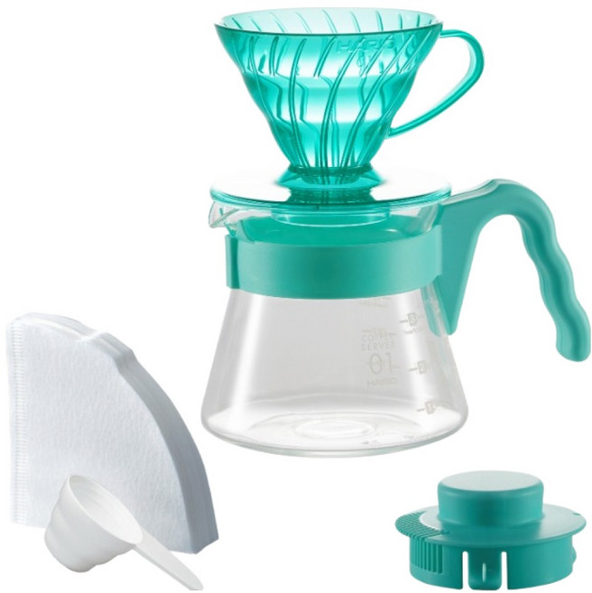 하리오 V60 컬러 브루 시리즈 핸드드립 커피 서버 세트 민트 브리즈, 1세트, 드리퍼 + 커피서버 + 계량스푼 + 필터 40p, 600ml