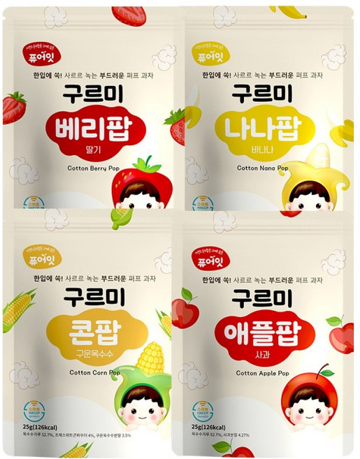 퓨어잇 구르미 스위트 팝 100g x 4종 세트, 혼합맛(사과/딸기/바나나/구운옥수수), 1세트