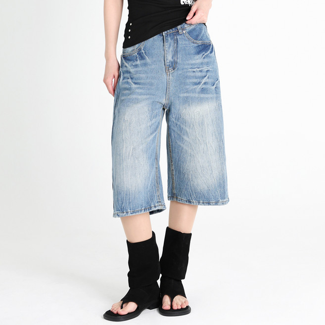 닷이프 여성용 트렌디 와이드 버뮤다 데님 팬츠 D263-0230BU
