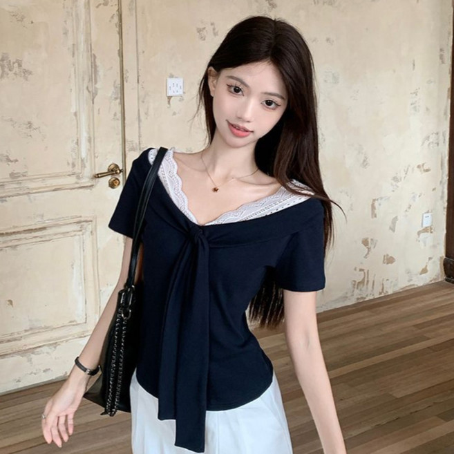 반야스토리 여성용 QQ50 오프숄더 슬림 니트 반팔 티셔츠