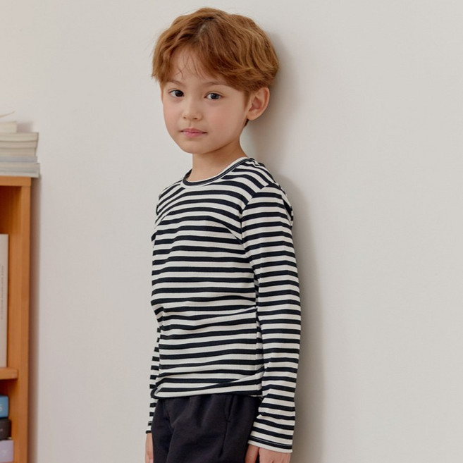유라비 아동용 타임리스 스트라이프 골지 긴팔 티셔츠
