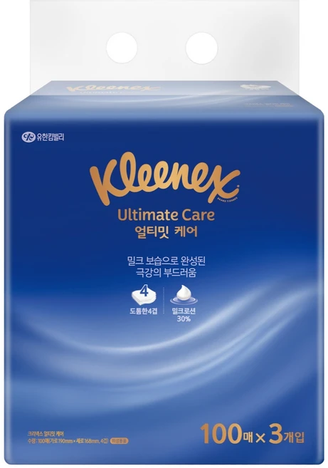 크리넥스 얼티밋 케어 로션티슈 4겹 100p, 1개, 3개입 - 쿠팡