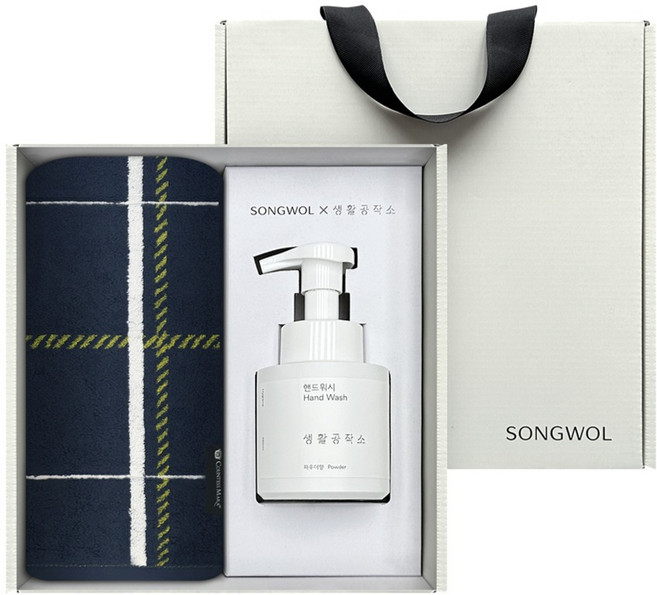송월타월 생활공작소 체크리버스패턴 세면타월 200g 30수 코마사 + 핸드워시 250ml 멀티 선물세트, 네이비, 1세트