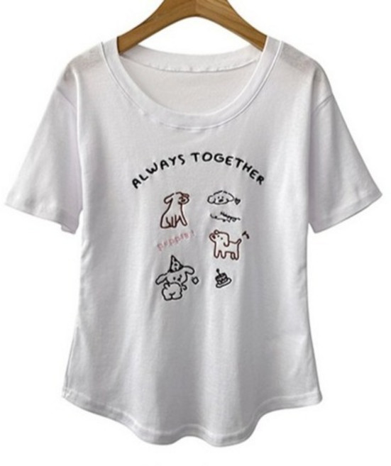 시크블랙 여성용 향우선 퍼피 프린팅 잘록핏 슬림 밑단 굴림 반팔 티셔츠 cpt17561k62