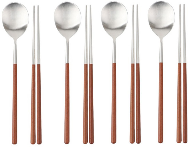 이와이엔스토리 코코 우드핸들 수저 4인용 세트, 우드, 1세트, 숟가락 4p + 젓가락 4p