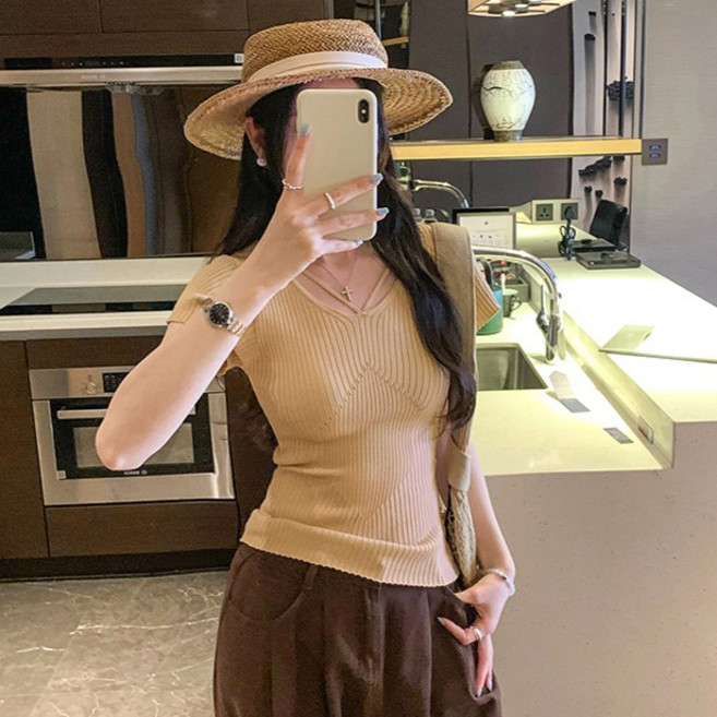 루나걸 여성용 디에이드 브이넥 반팔 니트 L26SMKN022013