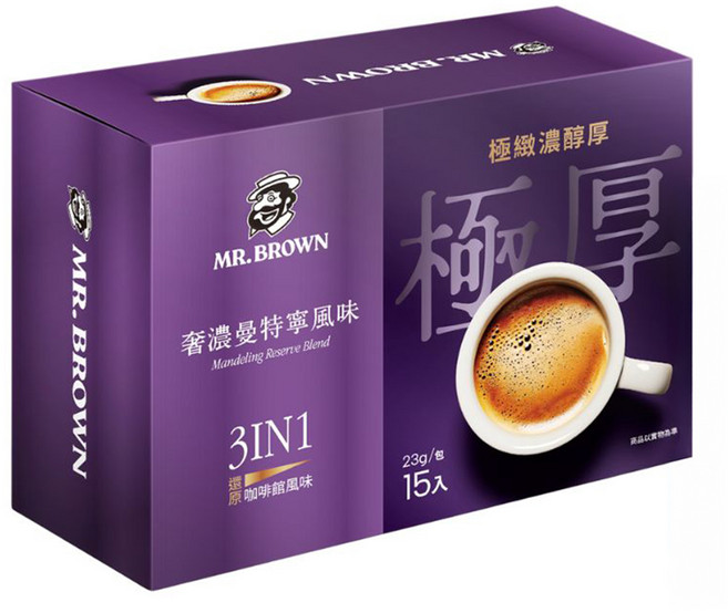金車 MR.BROWN 伯朗咖啡 三合一極厚系咖啡 奢濃曼特寧風味, 23g, 15入, 1盒