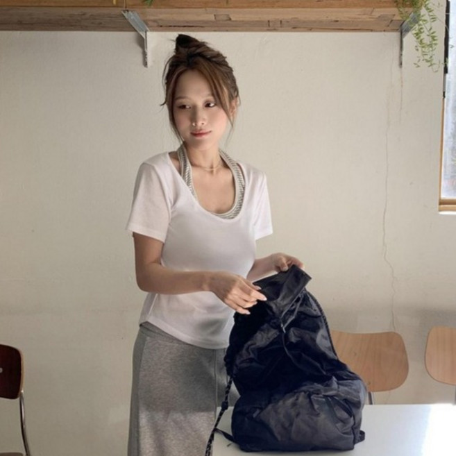 린다샵 여성용 람사피 단가라 홀터넥 레이어드 반팔 티셔츠 cpt17548k62