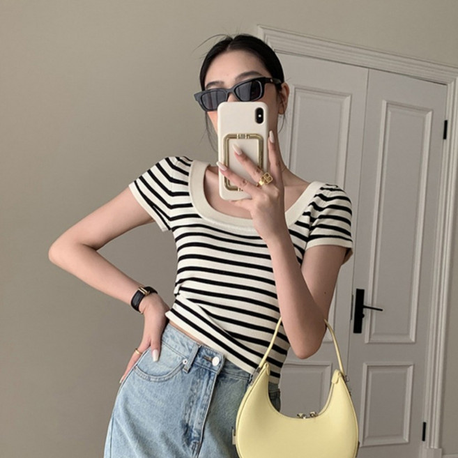 반야스토리 여성용 스트라이프 보트넥 반팔 티 QQ66