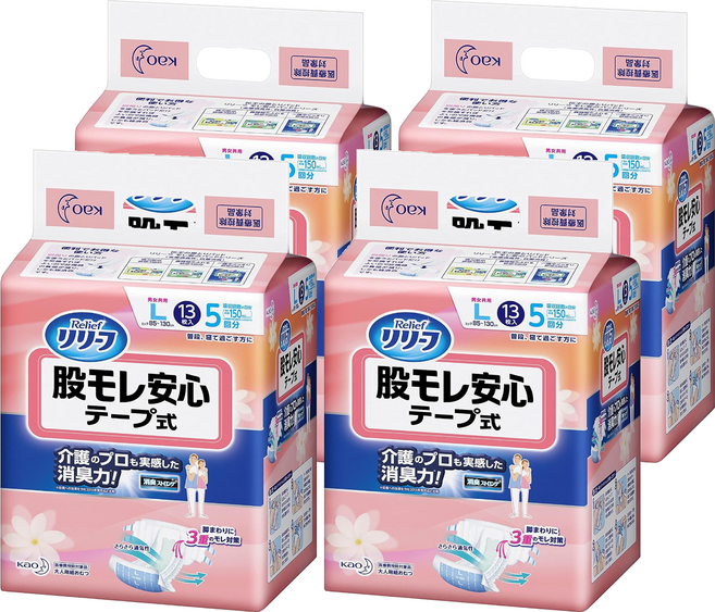 Relief 日本原裝進口 防漏安心黏貼式紙尿褲 男女適用, L碼, 4個, 13片