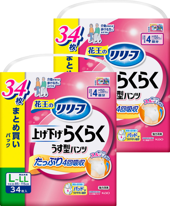 Kao 花王 日本原裝進口 Relief 輕鬆穿脫薄型成年人紙尿褲 4次吸收量 男女適用, L-LL碼, 2個, 34片