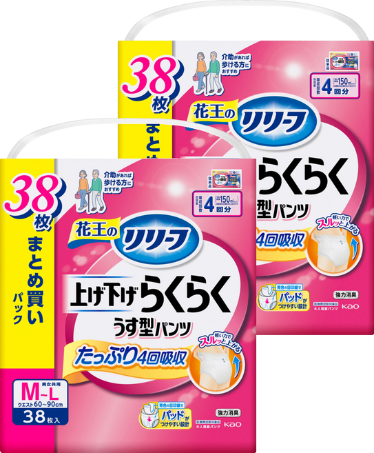 Kao 花王 日本原裝進口 Relief 輕鬆穿脫薄型成年人紙尿褲 4次吸收量 男女適用, M-L碼, 2個, 38片