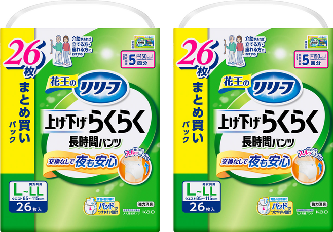 Kao 花王 日本原裝進口 Relief 輕鬆穿脫薄型成年人紙尿褲 5次吸收量 男女適用, L-LL碼, 2個, 26片