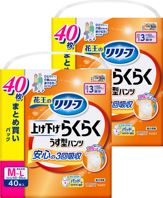 Kao 花王 日本原裝進口 Relief 輕鬆穿脫薄型成年人紙尿褲 3次吸收量 男女適用, M-L碼, 2個, 40片