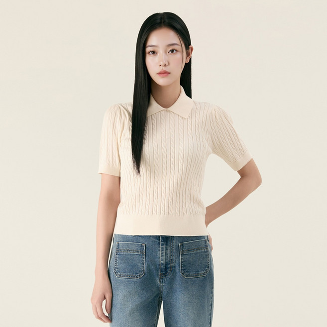 로엠 여성용 카라 니트 배색 반팔 풀오버