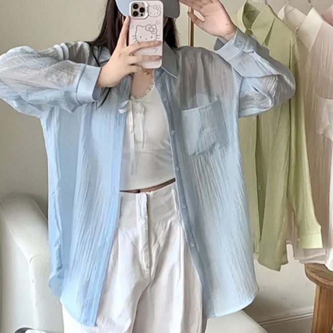 라라티나 여성용 스루링 루즈핏 시스루 블라우스