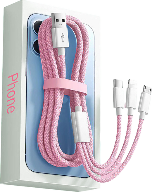 엑스터 3in1 멀티 아이폰 C타입 안드로이드 고속충전 케이블, 핑크, 1개, 2m