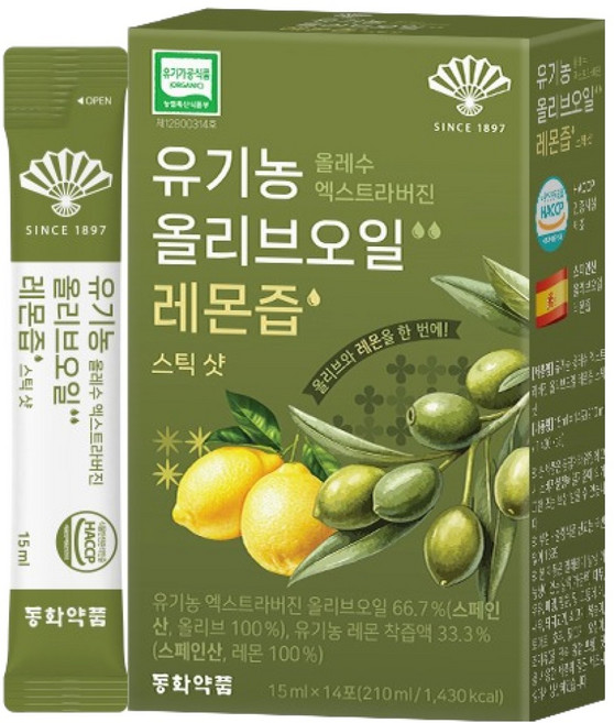 동화약품 유기농 올레수 엑스트라버진 올리브오일 레몬즙 스틱 샷 14p, 1개, 210ml