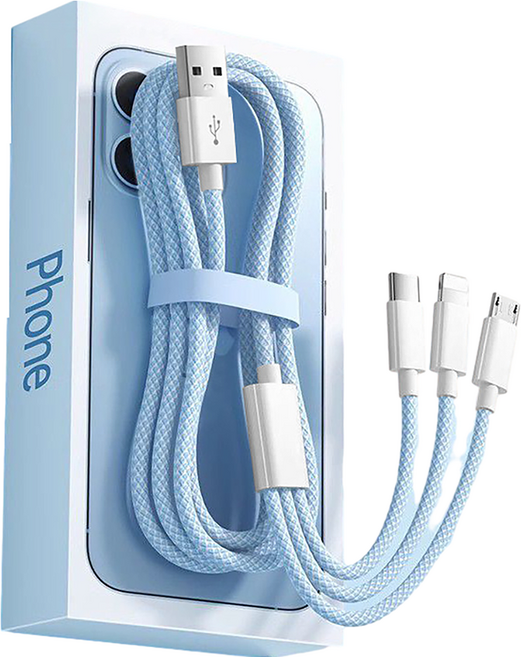 엑스터 3in1 멀티 아이폰 C타입 안드로이드 고속충전 케이블, 블루, 1개, 2m