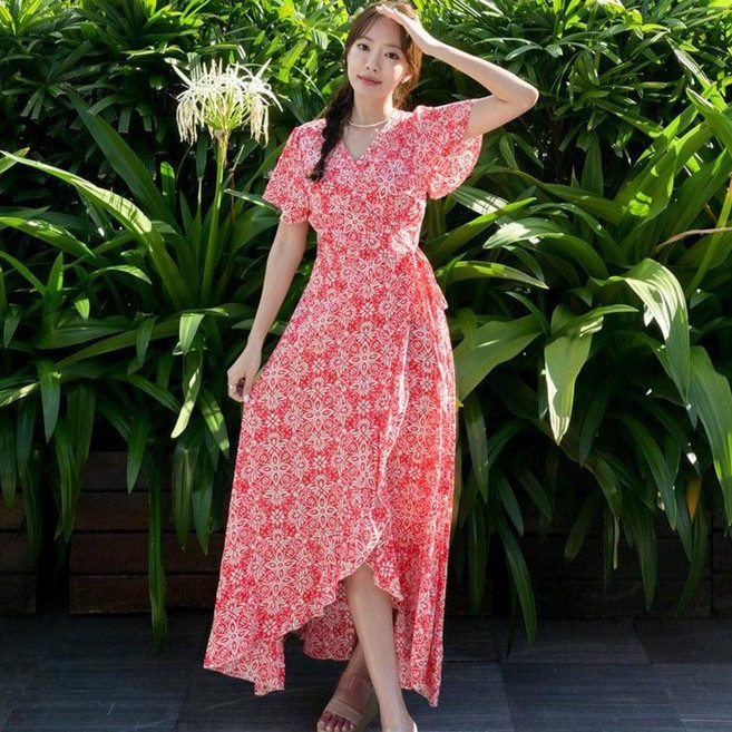 헤링본 반팔 랩 롱 플라워 비치원피스 HI181