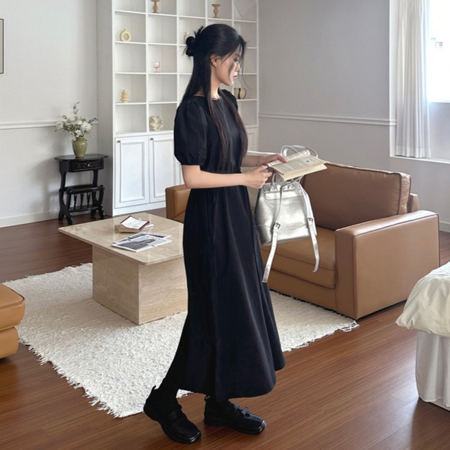 타니즈 캐버린 퍼프 소매 바스락 롱 원피스